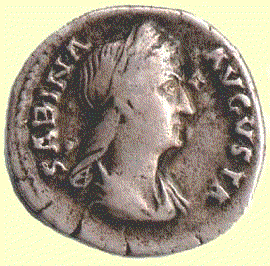 A coin bearing the likeness of the head of Hadrian's wife, Sabina. She looks pretty mean to me!