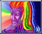 A very colorful, interpretive painting of Melchizedek. His face is purple, his hair multicolored, his eyes piercing, and he has a rainbow aura beaming from his face.