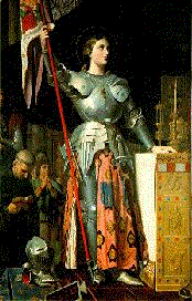 St. Joan in armor, holding staff with banner, stands beside a gold-colored PC tower look-alike