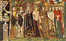 What appears to be a mosaic showing the court in Roman Byzantium