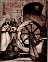 man being tortured on a wheel by two monks